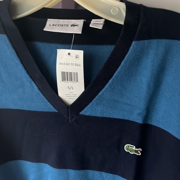 LACOSTE BLUE STRIPES SWEATER V-NECK SIZE LARGE…BRAND NEW - Picture 2 of 4